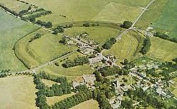 Aerial view of Avebury village with Church on bottom right